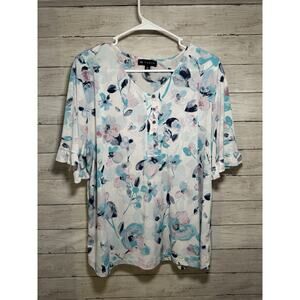 Womens Floral Blouse Shirt Size XL Blue White Pink Cute Ruffle Short Sleeve Top